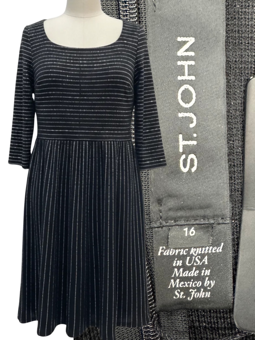 St. John Black, Gold & Silver Striped Evening Dress – Knit – NWT – Size 16
